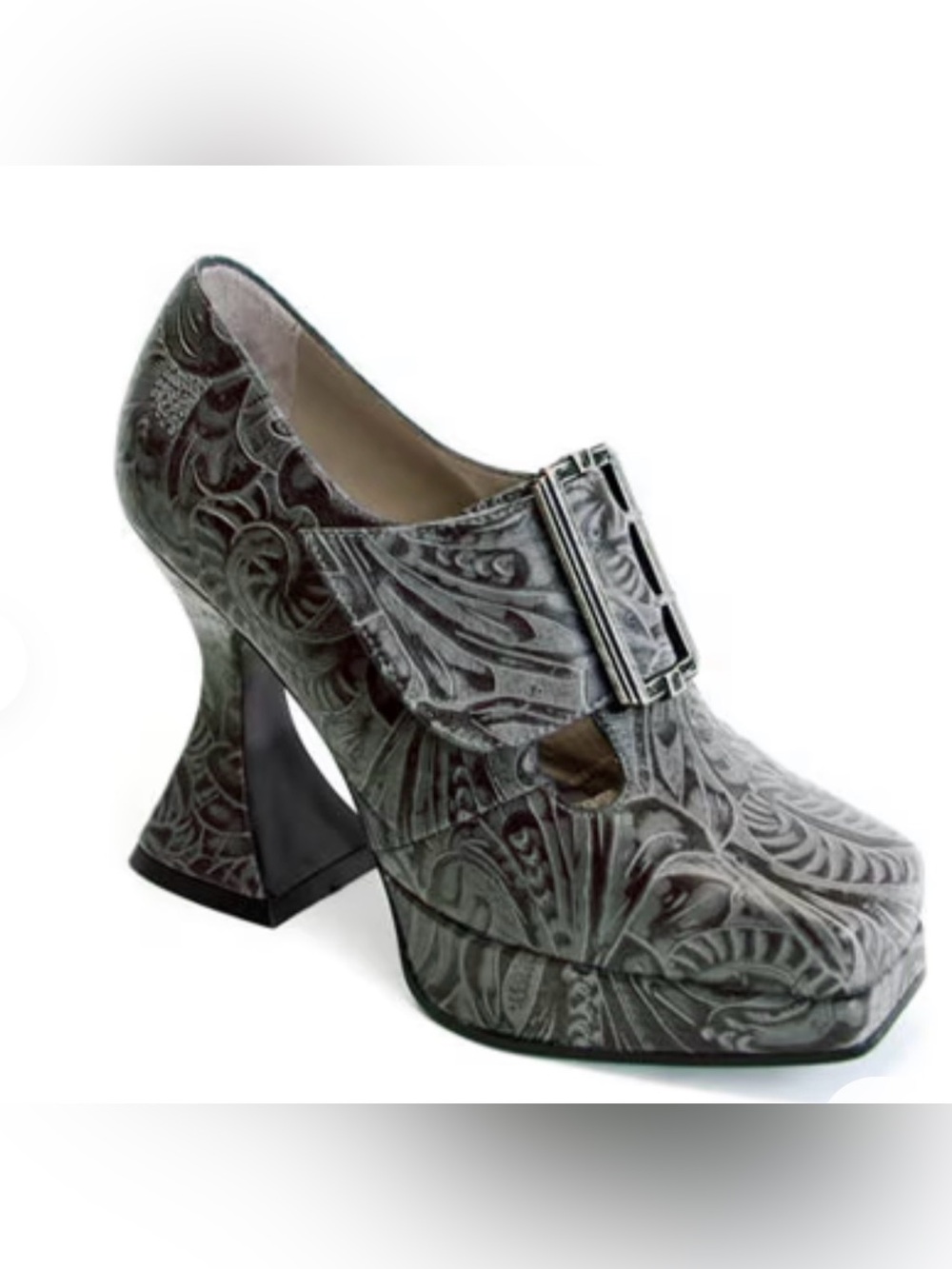 John Fluevog Gray Embossed Mary Jane Munster Heels Sz 9